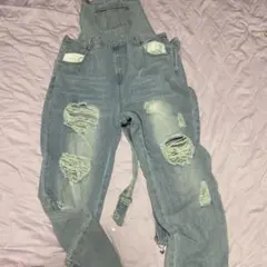 ライトブルー ダメージ加工 オーバーオール