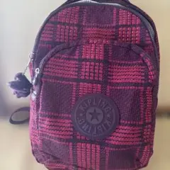 Kipling 赤紫色チェック柄リュック