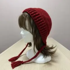 ハンドメイド　ニット帽　赤　バラクラバ　ボンネット　三つ編み