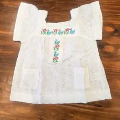 刺繍入り ホワイト 半袖 ブラウス　カットソーのサムネイル