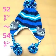クマ耳付き青ストライプニット帽
