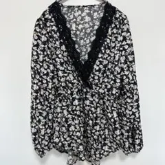 シーイン【M】カシュクール 総花柄 ブラウス Vネック 長袖 チュニック 休日