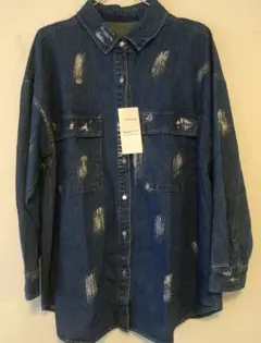☆新品☆箔加工 デニムシャツ ジャケット ダークブルー