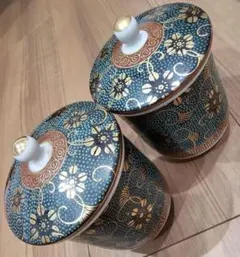​【九谷焼】蓋付き湯呑 2客セット 青粒 鉄仙 金彩 夫婦湯呑 茶器 茶道具