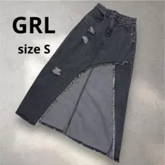 GRL/グレイル アシンメトリーカットデニムスカート ブラック S ダメージ