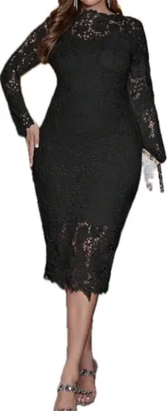 黒 レース タイトスカート ドレススリット入り ローズ柄2XL