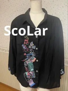 scolar カラフル 刺繍 黒シャツ 五分袖 スカラー