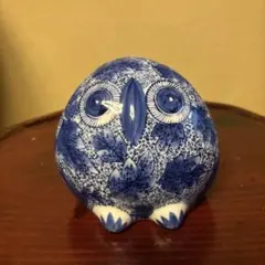 フクロウ型陶器置物 青白花柄
