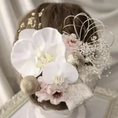 パール胡蝶蘭と七宝リボン　金箔付き◆成人式、結婚式、和装髪飾り　振袖や白無垢