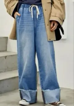 FREAK'S STORE ウォッシュ加工 ロールアップ イージーデニムパンツ