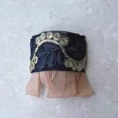 刺繍リボンポニーフック/リーフネイビーピンクシフォンpo-10