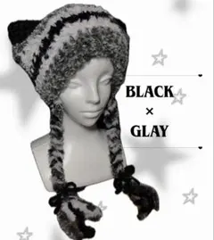 猫耳 ネコ耳ニット帽 （ブラック×グレー×もこもこ） y2k ハンドメイド