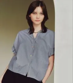 BEAMS HEART スキッパーネック カットソー シャツ ネイビーストライプ