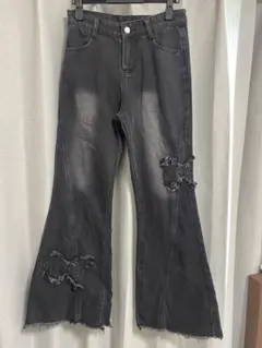 【GEMEDA】ブラック ダメージ フレアデニムパンツ