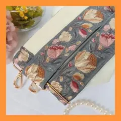 ショルダーストラップ【グレー✕チューリップ】インド刺繍リボン　スマホショルダー