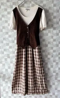ワンピース ブラウンEN.FOCUS チェック柄レイヤードレディース 古着