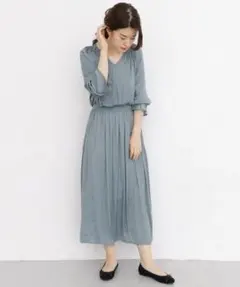 O463アーバンリサーチ長袖ロングワンピースパーティードレスブルーネイビー無地