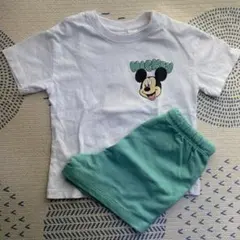 92 H&M Tシャツ&短パンセット　ミッキー　パステルグリーン　90 パンツのサムネイル