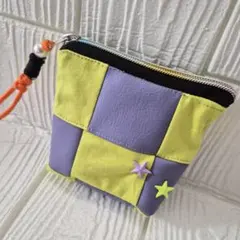 ハンドメイド パッチワーク ポーチ パープル×イエロー　フェイクレザーのサムネイル