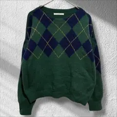 ◆イーアールジー　アーガイル柄　ウール　セーター　クルーネック　深緑　M