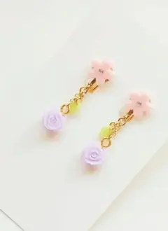 薔薇　春アクセ　パープル　上品　イヤリング　揺れる　大人可愛い　パール　桜