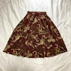 総柄ひざ丈フレアスカート ボルドー系 レトロ ヴィンテージ風 ペイズリー風 上品