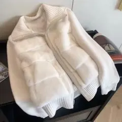 ホワイト ダウンジャケット風 ニット アウター 韓国