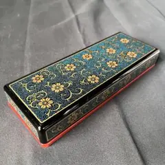 漆器文箱・硯箱　花柄　筆・墨付き 漆器 書道箱 硯箱 文箱 黒地に赤花柄 昭和レトロ アンティーク