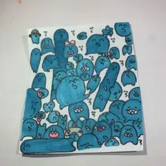 手描きイラスト 青いキャラクター 集合アート