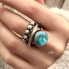 男女兼用✨ ターコイズ風 フェイクパール ヴィンテージ オープンリング 指輪