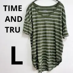 【L】TIME AND TRU オリーブグリーン ストライプ Tシャツ緑