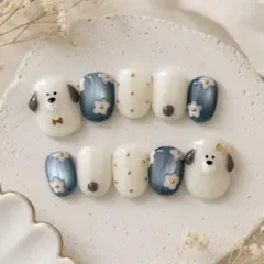 ネイルチップ　マグネット　犬ネイル　韓国　春　淡色　ちゅるん　ぷっくりフラワー夏