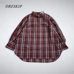 Z9-052 DRESKIP チェック柄バンドカラーシャツ L 赤