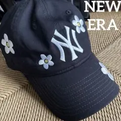 ニューエラ　NEW ERA キャップ　帽子　希少 ネイビー　美品　花柄　刺繍ロゴ