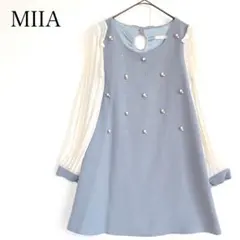 MIIA ミニワンピース パールビジュー ブルー プリーツ袖 ガーリー