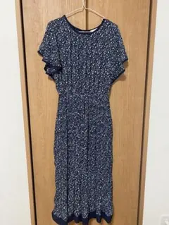 ハニーズ ネイビー フラワープリント 半袖 ロングワンピース Lサイズ