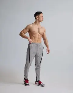 CRONOS　グレー フィットネスパンツ サイドストライプ