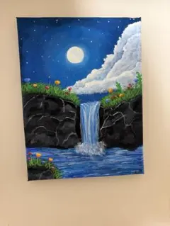 アクリル画　夜の滝と花畑を描いた　キャンバスアート　キャンバス　アート　風景画のサムネイル