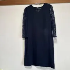 グリーンレーベルリラクシング　結婚式お呼ばれ　ドレス　ネイビー　レース袖