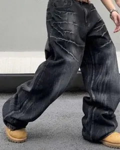 ダメージ加工 ダークグレー ワイドレッグデニム　サイズ展開有り