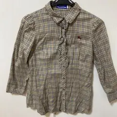 【Burberry Blue Label】 チェック柄 フリル付き七分丈シャツ