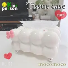 新品 ピンクりぼん付 モコモコハートティッシュケース ホワイト