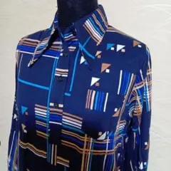 幾何学模様ネイビー長袖シャツポロシャツ未着用日本製レトロ