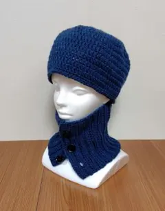 ♦ニット帽子とネックウォーマーセット(ネイビー)手作り