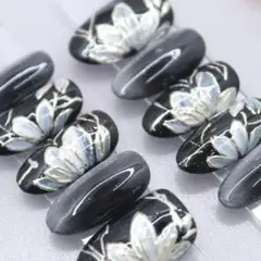 1012 ネイルチップSサイズ 韓国 クール フラワー マグネット　黒