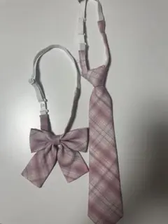 着用0回！ ピンク系チェック柄 リボン・ネクタイセット