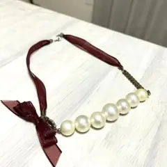 【新品】ワインレッドリボンパール風ネックレス クリスマス会 発表会 結婚式