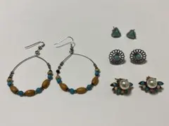 ターコイズ系ピアス 4点セット まとめ売り フープ フラワー パール シルバー系