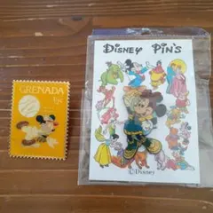 ディズニー　ミッキーマウス　切手風／ミニーマウス　ヴィンテージ　ピンバッジセット