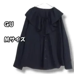 S0351　ブラウス　長袖　フリルカラー　リボン　ブラック　Mサイズ